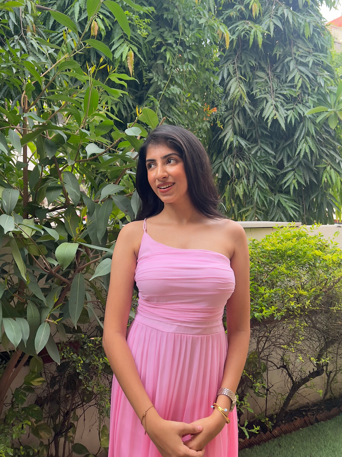 Pink ombre one-shoulder maxi dress with pleated chiffon skirt, sheer mesh overlay, corset back detail, and asymmetrical neckline — flowy pink gradient evening gown, perfect prom dress, bridesmaid dress, party dress, cocktail dress, and wedding guest dress for summer and formal occasions