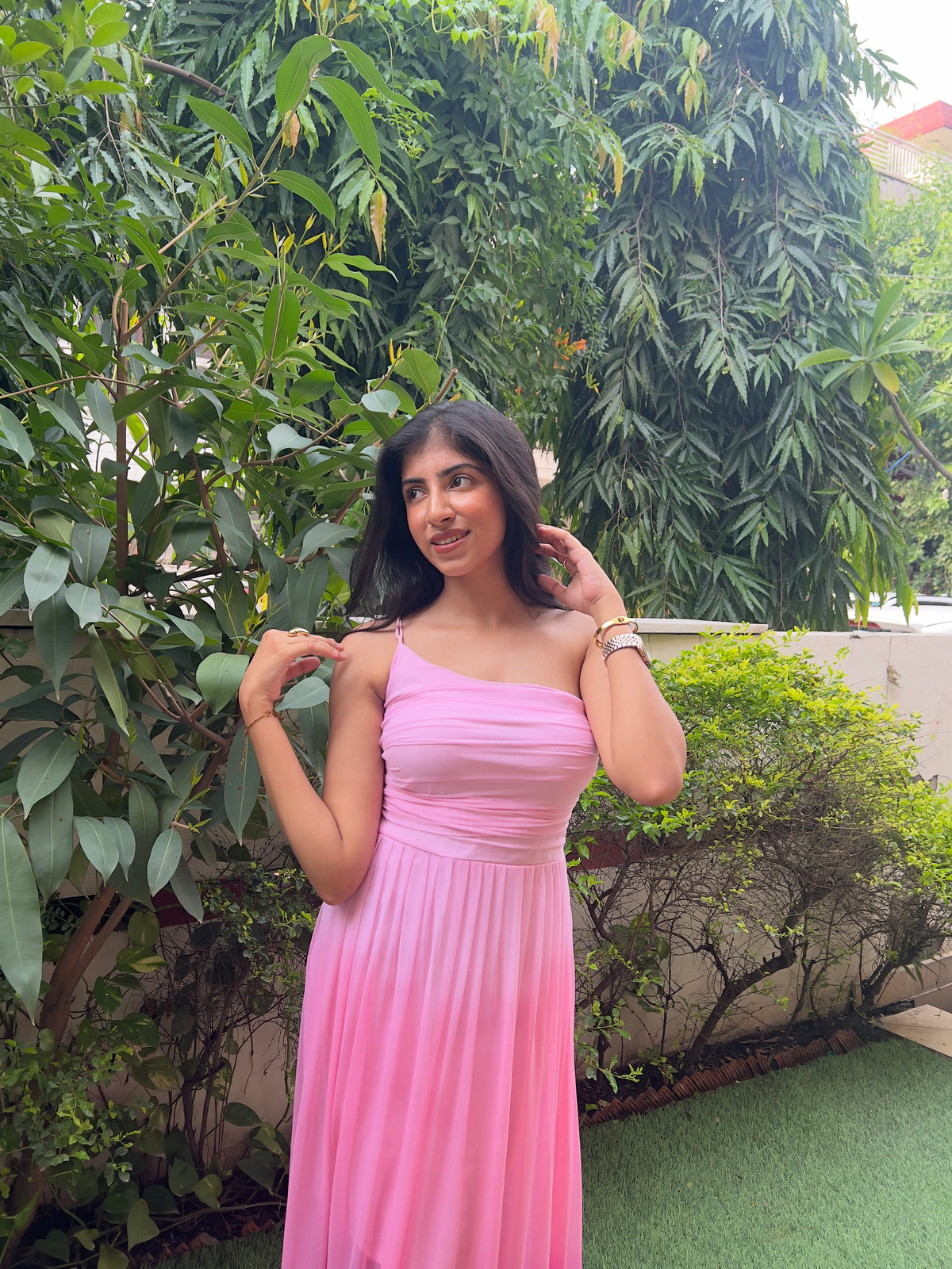 Pink ombre one-shoulder maxi dress with pleated chiffon skirt, sheer mesh overlay, corset back detail, and asymmetrical neckline — flowy pink gradient evening gown, perfect prom dress, bridesmaid dress, party dress, cocktail dress, and wedding guest dress for summer and formal occasions