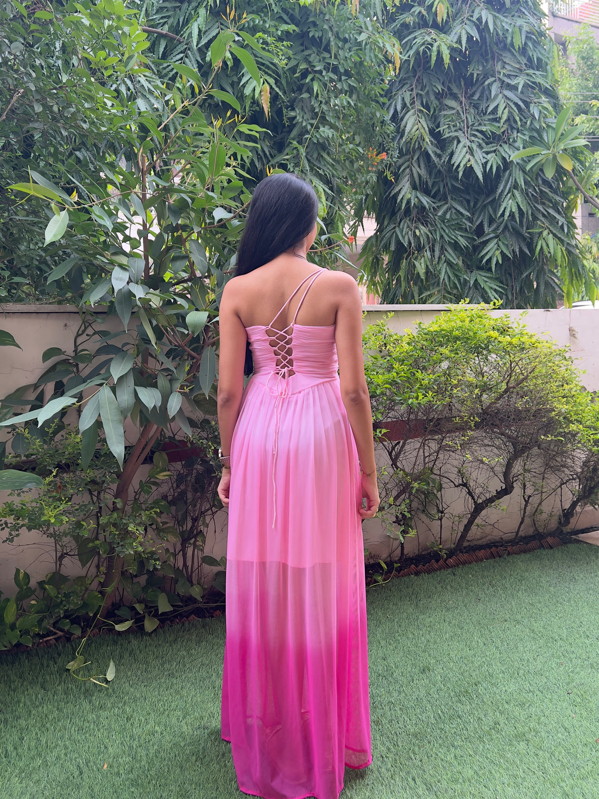 Pink ombre one-shoulder pleated maxi dress with corset back